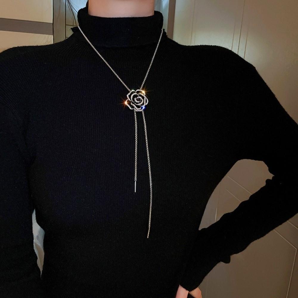 Zinc Zinc Alloy Rhinestone Brooch Silver Clavicle Chain Sweater Chain Women Long Necklace  Gift