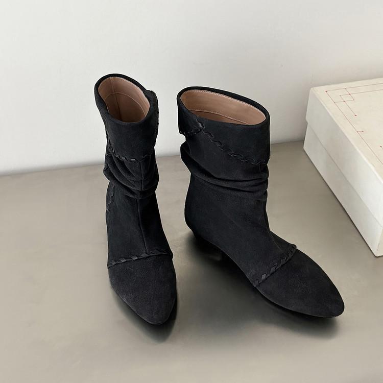 European and American new pointed cats, straps, folds, piles of short boots, flanging one pedal, large size, and more high-heeled boots