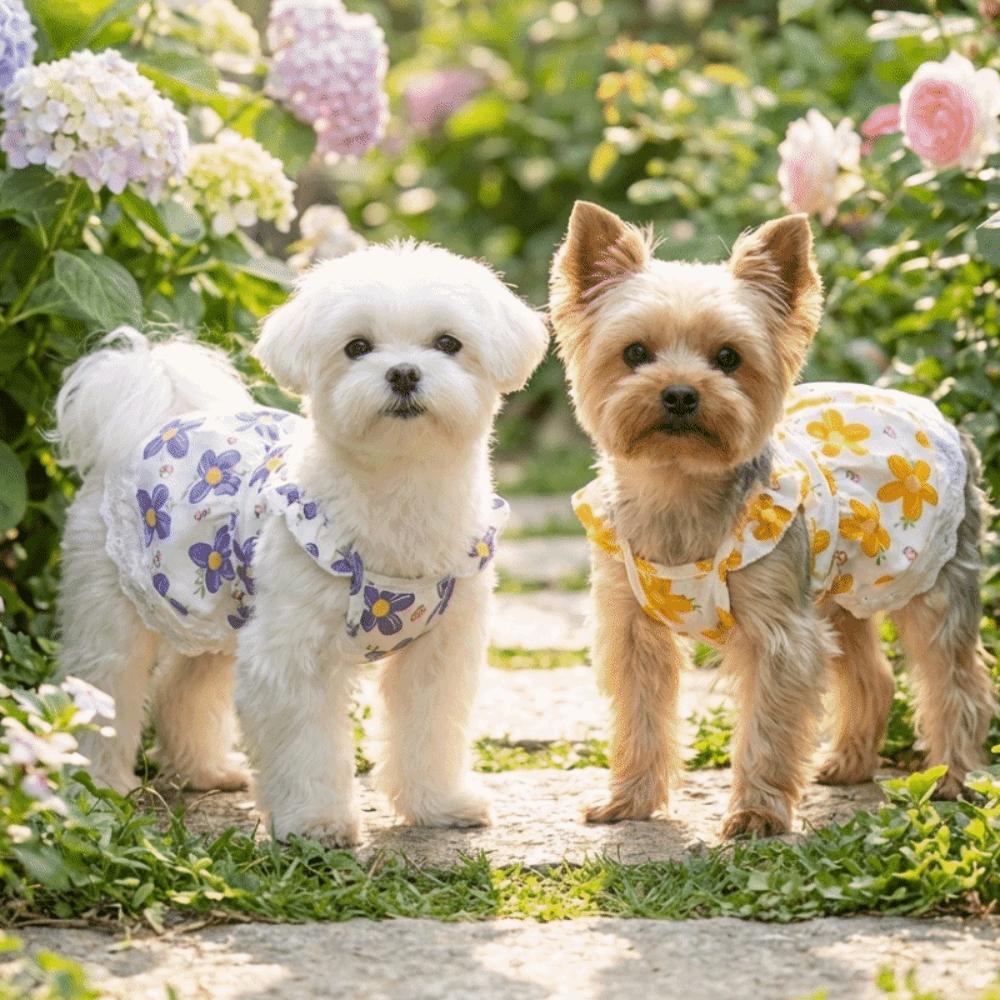 Breathable Floral Dog Skirt Lace-Trimmed Pet Flying Sleeve Dress Floral Suspender Dress Pet Party