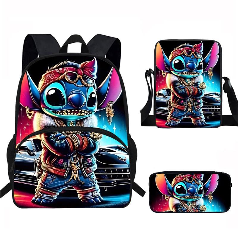 Stitch Kids School Backpack Set Elementary Students Oxford Fabric Ergonomic Design Printed Cartoon 3-Piece Bundle