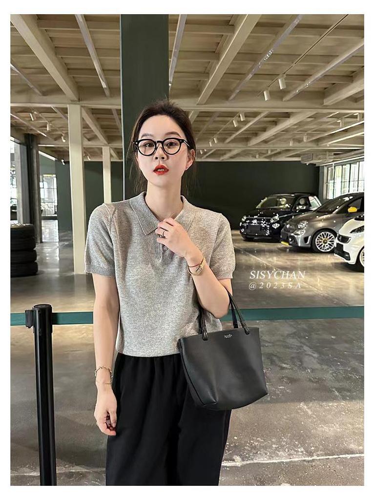 Korean Style Slimming Polo Collar Knit Shirt - Women's Casual Summer Pullover