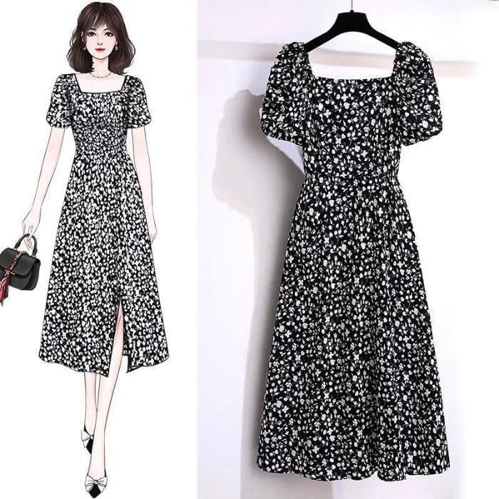 

Женское платье с цветочным принтом - Новый летний стиль, Элегантный крой, Ретро французский квадратный вырез, Приталенный силуэт, Тренд юбка с разрезом 2X Large чёрный