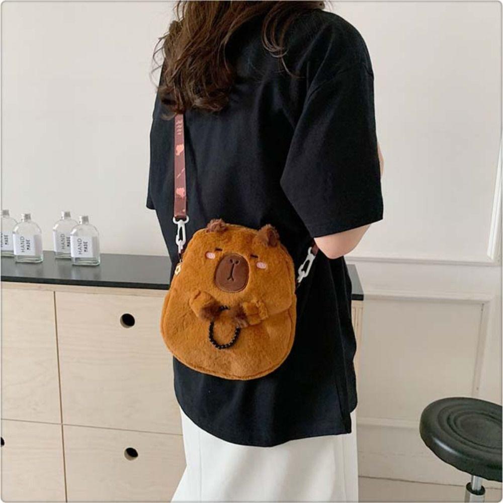 Zipper Capybara Plush Shoulder Bag Animal Cartoon Cartoon Capybara Handbag  Unisex