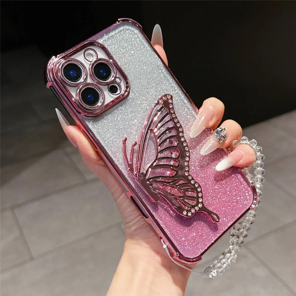 Shockproof Quicksand Butterfly Holder Stand Phone Case For Xiaomi 14T 13T 12T Pro 11 Lite 5G NE 15 12S 12X Crystal Chain Cover