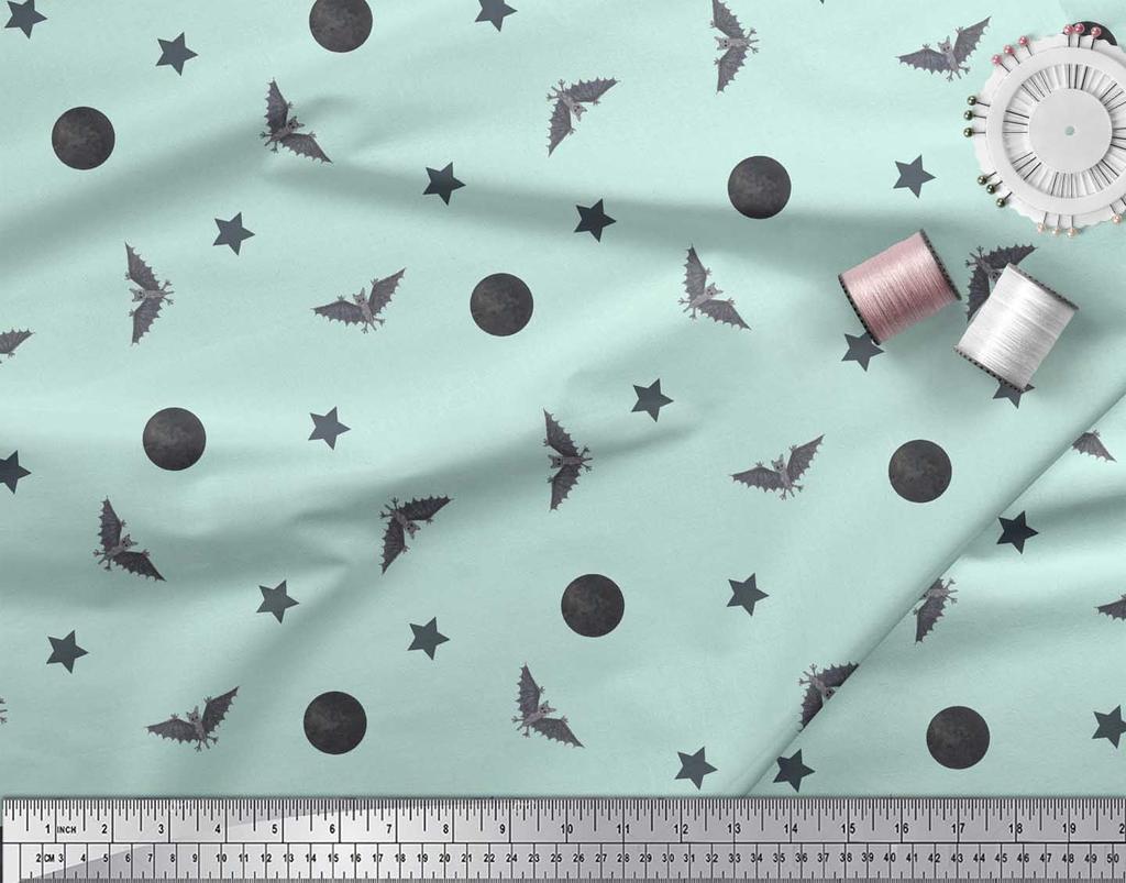 Soimoi Purple Japan Crepe Satin Fabric Moon,Star & Bats Halloween Print Fabric by the Metre 42 Inch
