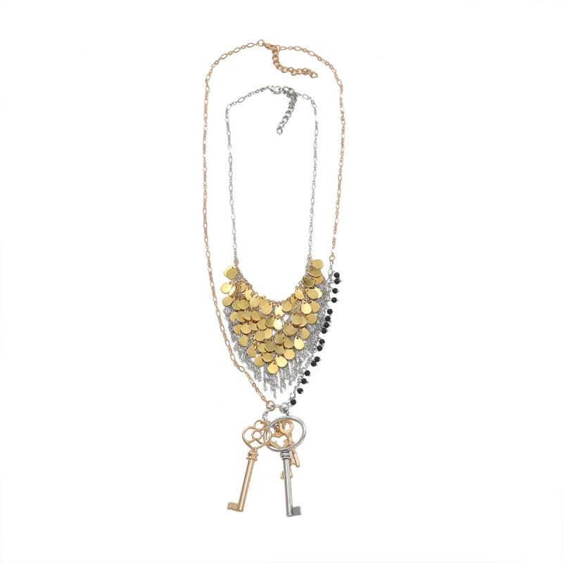 Geometric Layered Chain Necklace Women Gold Tone Alloy Pendant With Mesh Sequins Fashion Statement Jewelry Gold