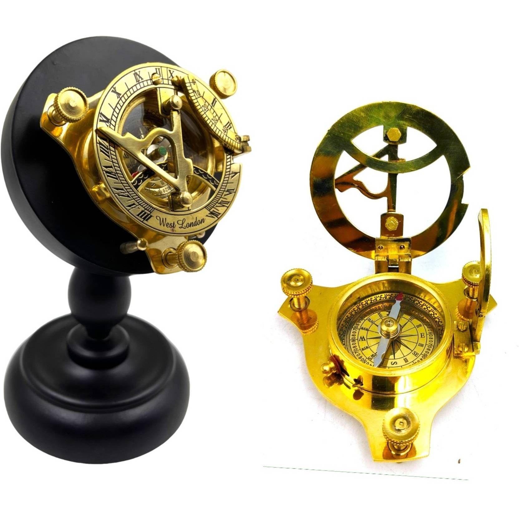 

India Brass Sundial compass triangle sun clock with wood Display Stand nautical Compass (Gold)