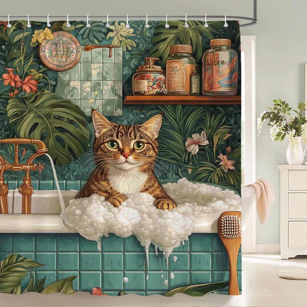 Stil Nordic Flori Frunze Animale Perdea de Duș Pisică și Câine Imprimată Perdea de Baie pentru Baie Decor Acasă Perdea cu Cârlige