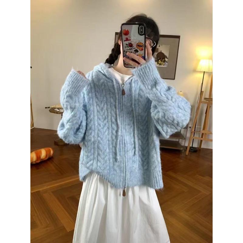 Lazy wind hooded double zipper sweater jacket women's autumn and winter new long camel hair loose twist versatile knitted cardigan