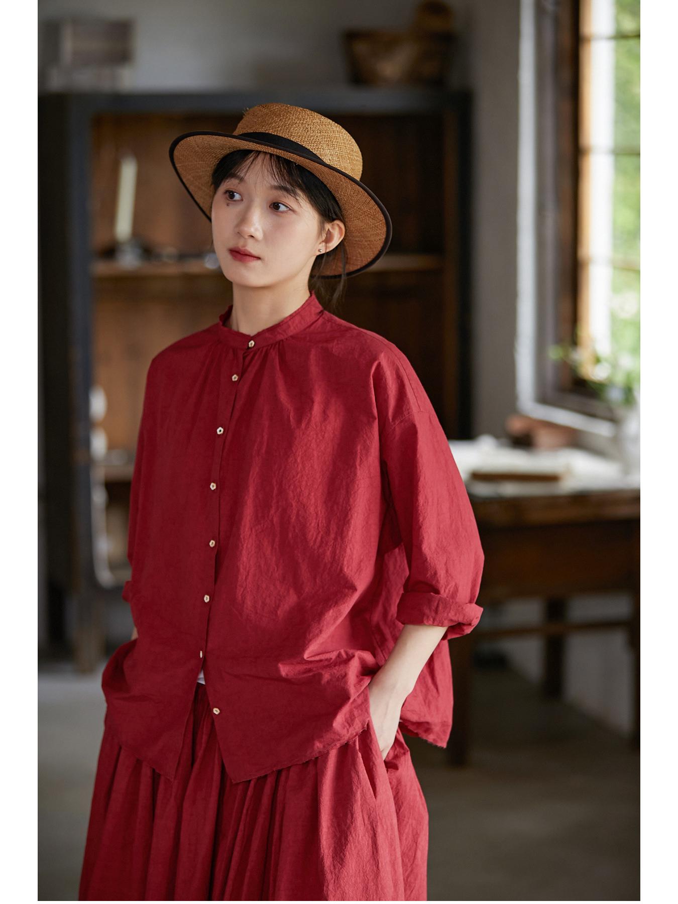 Retro Summer Red Cotton Women s Casual Loose Stand Collar Shirt Large