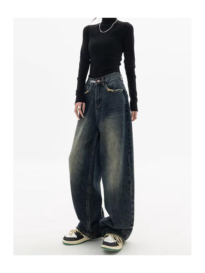 

Женские летние ретро джинсы прямого кроя с эффектом потертости: Свободные, широкие, выстиранные, длиной до пола, облегающий дизайн. 3XL темно-синий