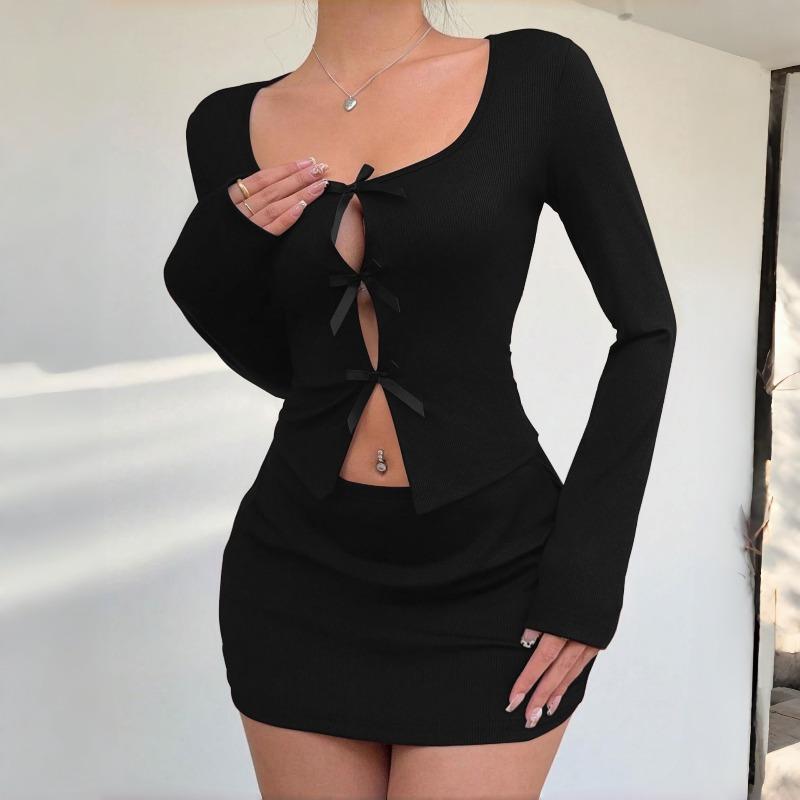 Sexy Velvet Bow-Tied Outfit Fashionable Long-Sleeve Mini-Skirt Loungewear Set