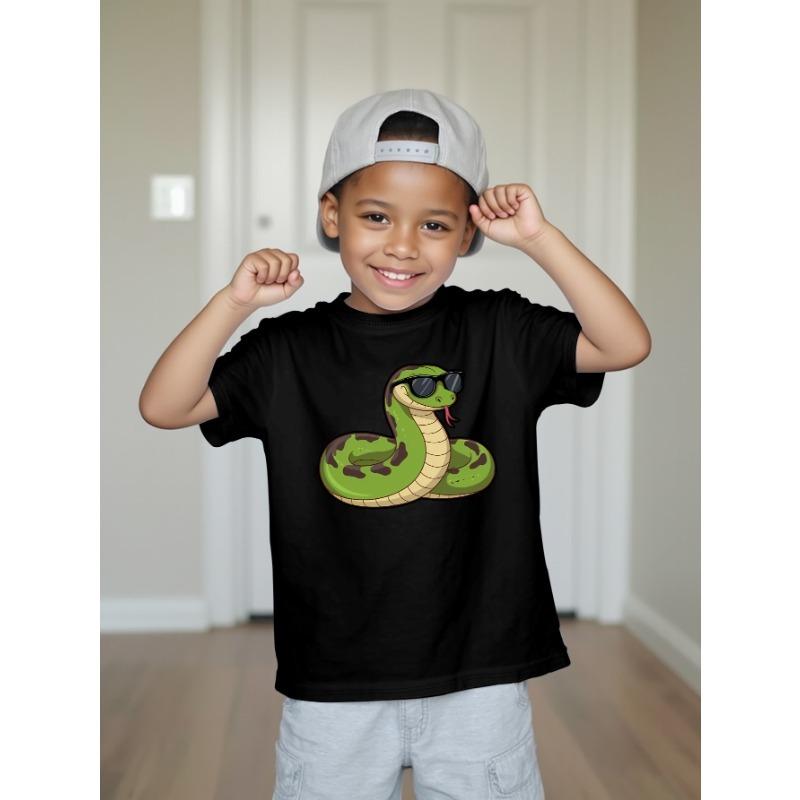 

European Size Boys Round-neck Short-sleeved T-shirt with Cartoon Snake Pattern Print 98cm чёрный