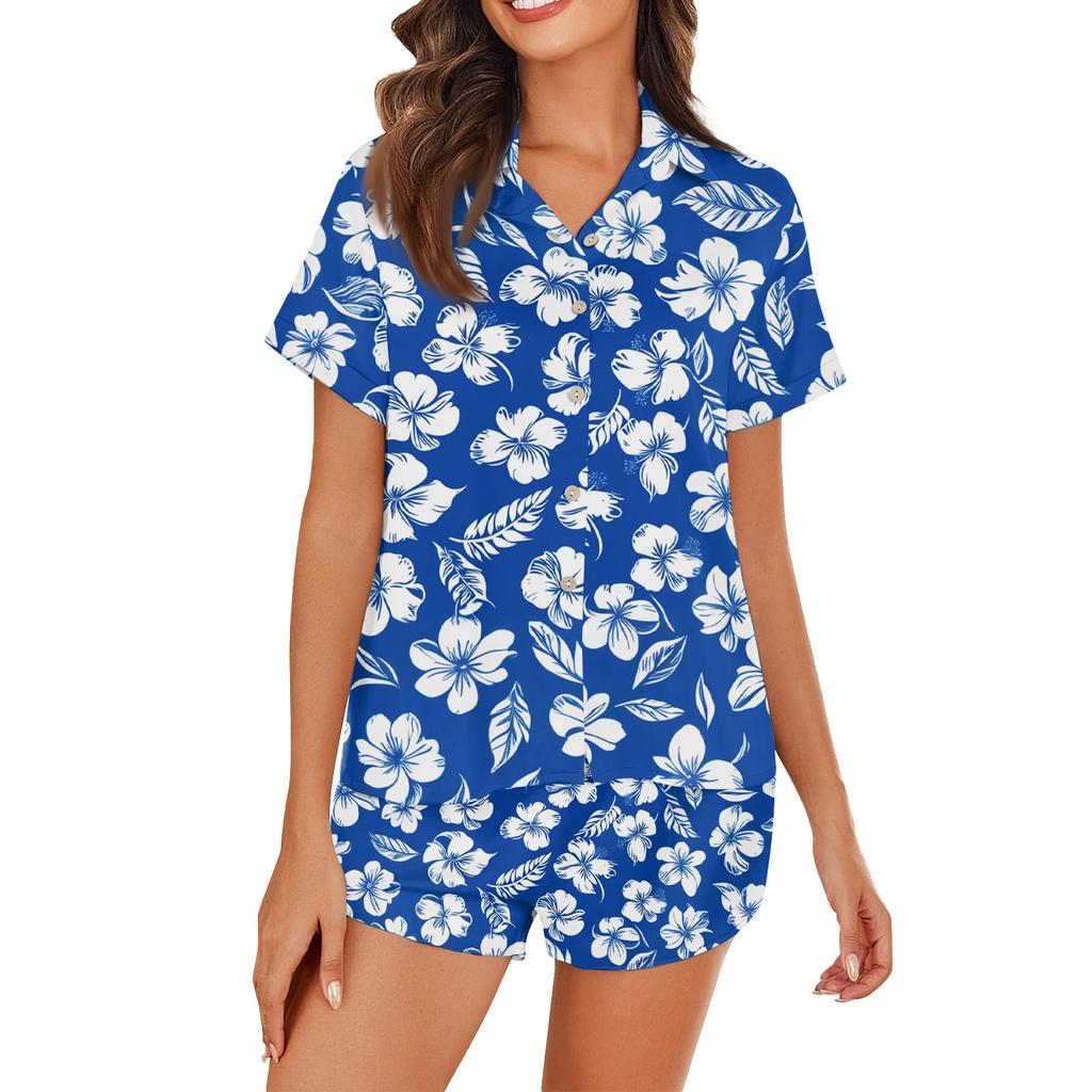 Women's Ice Silk Pajamas Button Homewear Hawaiian Print Short Sleeve Satin Pajama Set