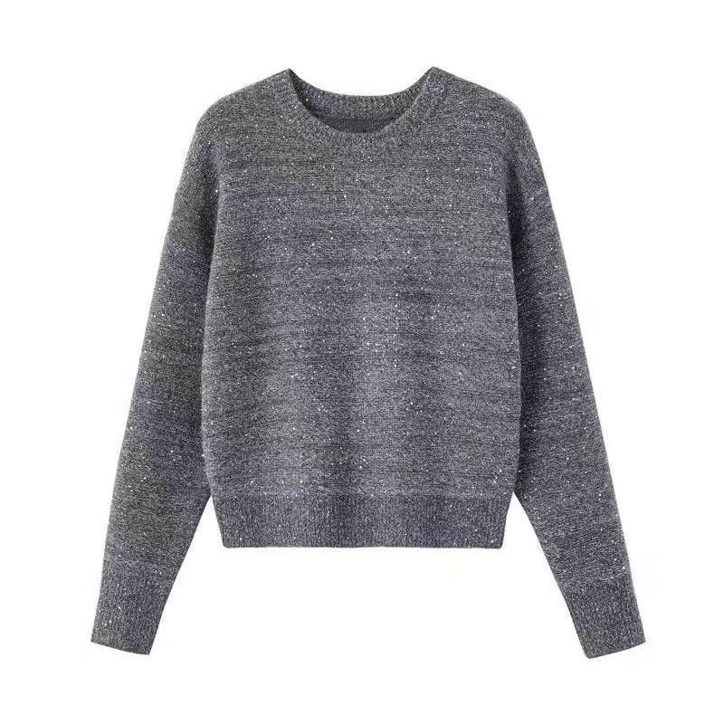 Women's Gray Glitter Knit Sweater - Autumn/Winter Cozy Layer