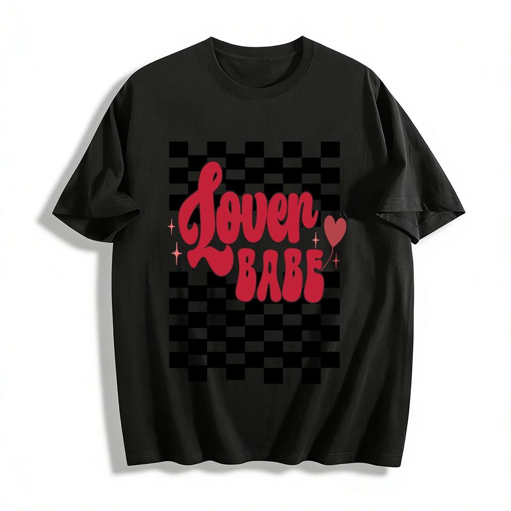 Retro Checkerboard Lover Babe Heart Print Casual Top Pure cotton T-shirt XXS