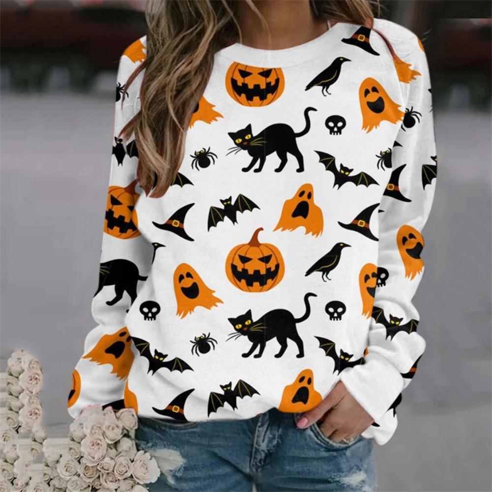 Women's Fashion Hoody Halloween Pumpkin Lamp Print Ghost Bat Sweatshirts Long Sleeved O Neck Hoodies Female Tops