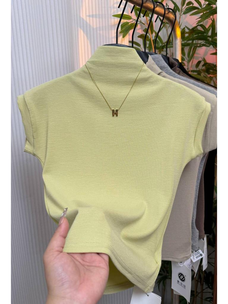 Damen Schwarzes Slim Kurzarm T-Shirt mit Halbochkragen, Frühjahr/Sommer Kollektion 2025