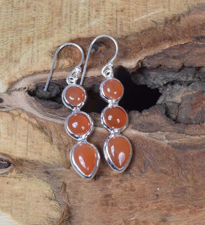 Solid 925 Sterling Silver Carnelian Gemstone Handmade Bezel Setting Earrings, Drop Earrings Gift For Her