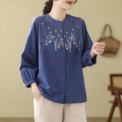 Autumn New Cotton Linen Embroidered Long-sleeved Shirt T-shirt Retro Ethnic Style Women's Top Cardigan Mom Wear