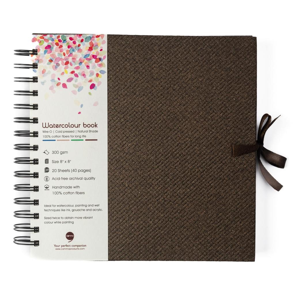 Comma Watercolour Book | 8"" X 8"" | 300Gsm | Wire-O Sketchbook | Cold Pressed | Natural Shade | 100% Cotton Fibers (Cho