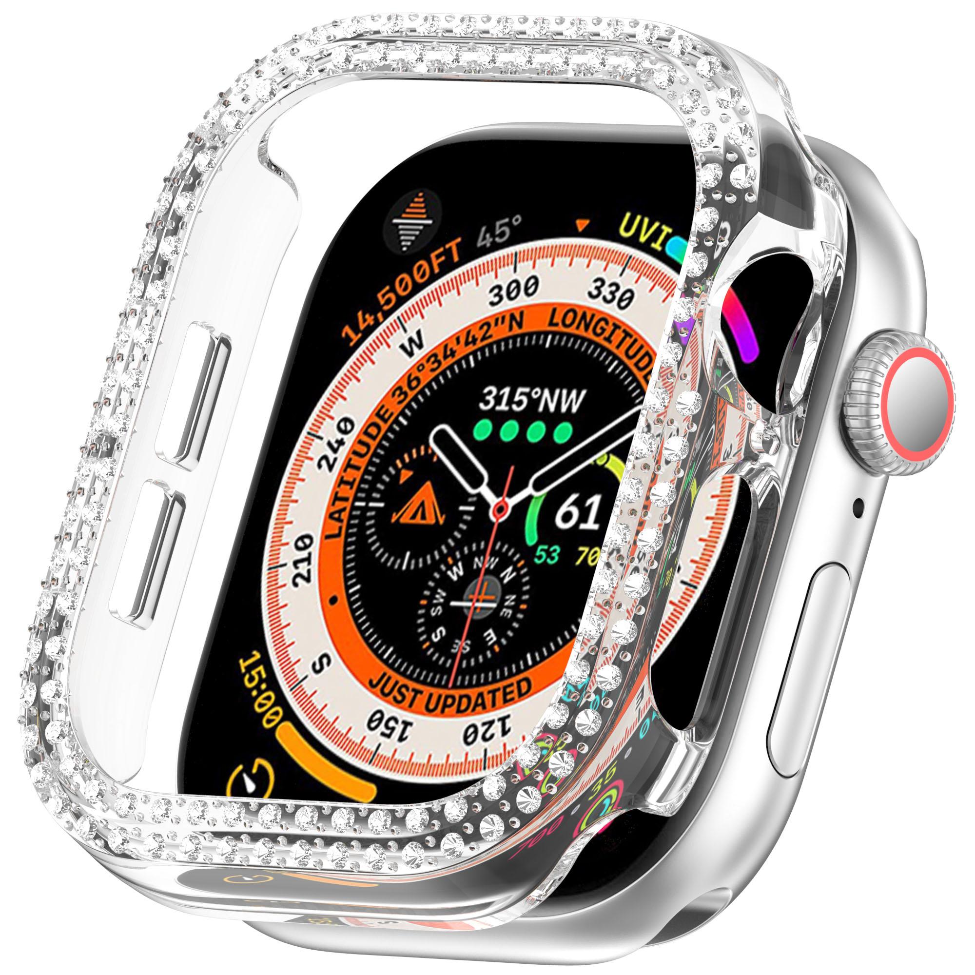 

For Apple Watch Series 11/10 42mm Double Row Rhinestone Decor Hollow-Out Cover PC Watch Frame Case F
