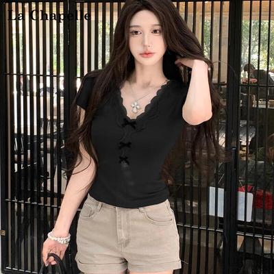 Lachapelle Women's V-Neck Lace Bowknot Slim Fit Short Sleeve T-Shirt