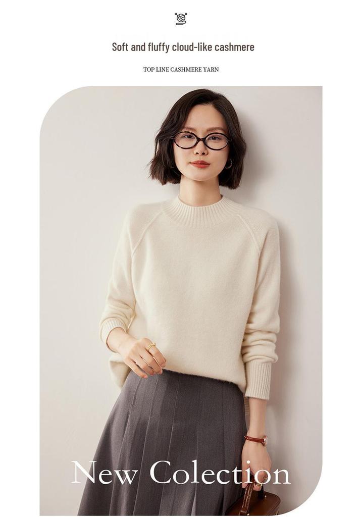 2026 Women's Cashmere Raglan Sleeve Pullover: Loose Fit, Half-High Neck, Slimming Knitwear for Autumn/Winter