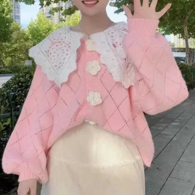 

Женские свитера с 3D-цветком, однотонные, милые, с ажурной вязкой крючком, с кукольным воротником, вязаный кардиган, осенний свободный пуловер, женский топ Onesize