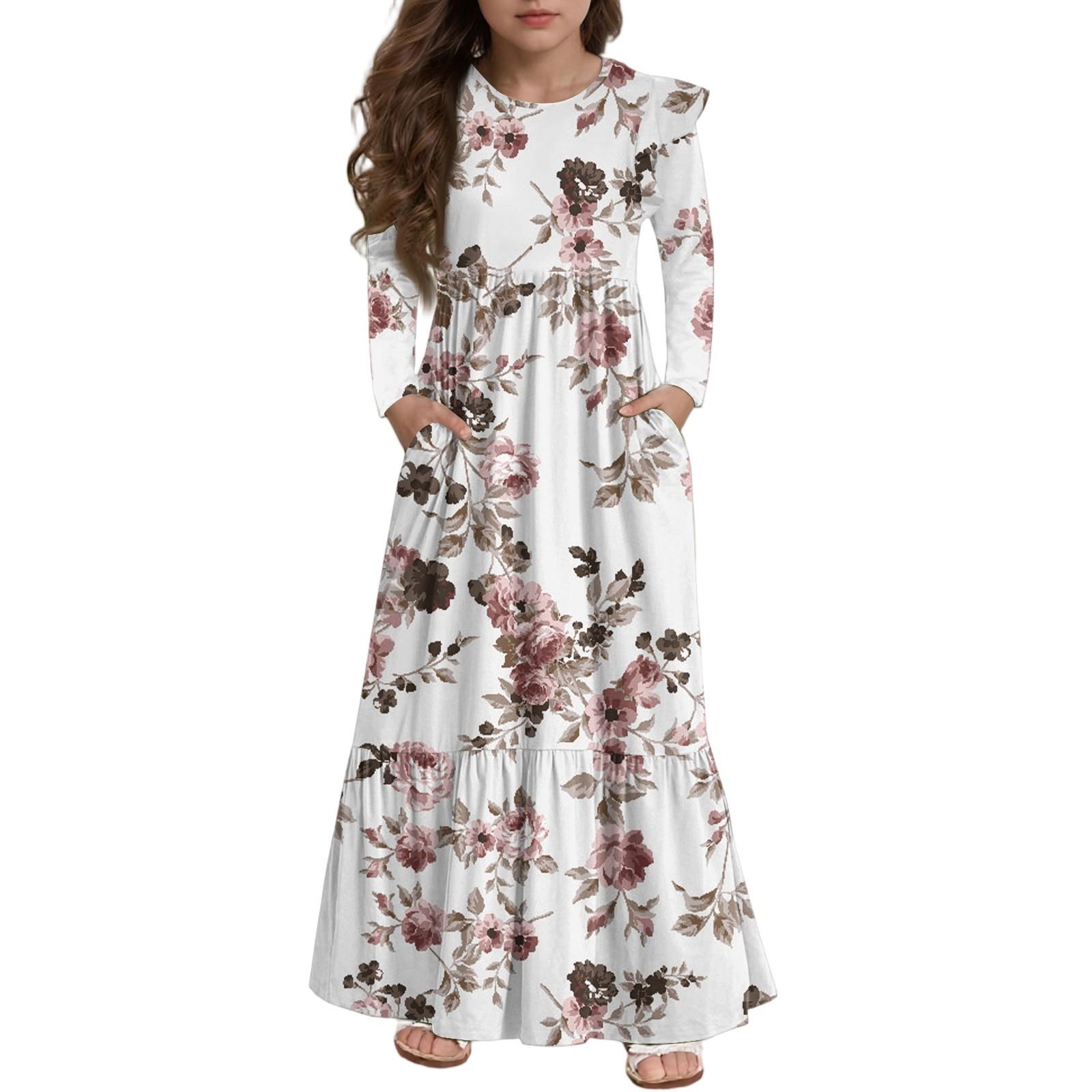 

Платье с многоярусными оборками для девочек - Макси с длинным рукавом и принтом, с карманами 160