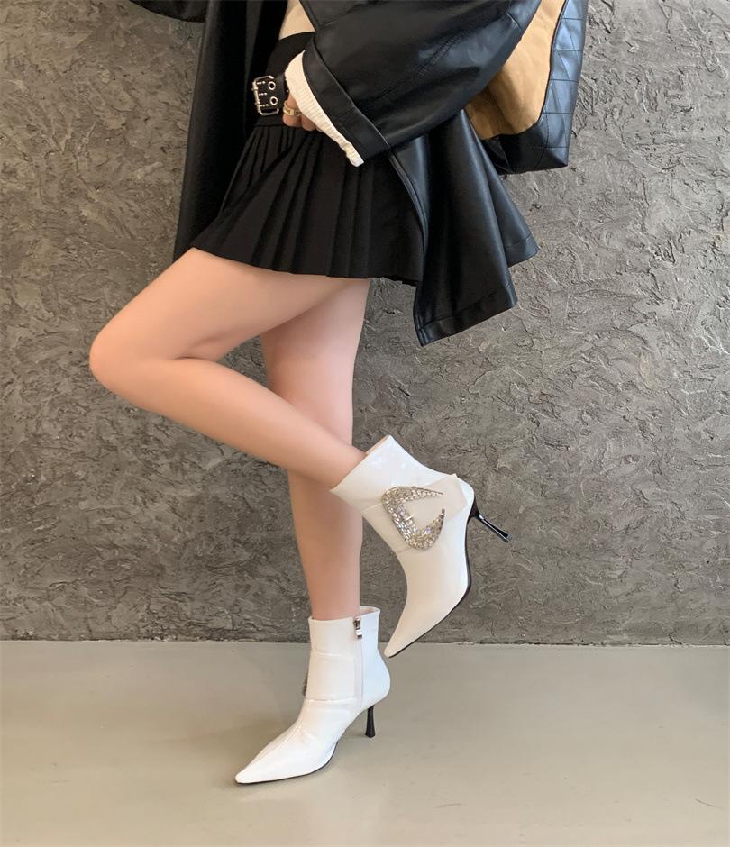 2025 autumn new pointed thin heel high heel temperament thin French fashion sexy rhinestone buckle short boots