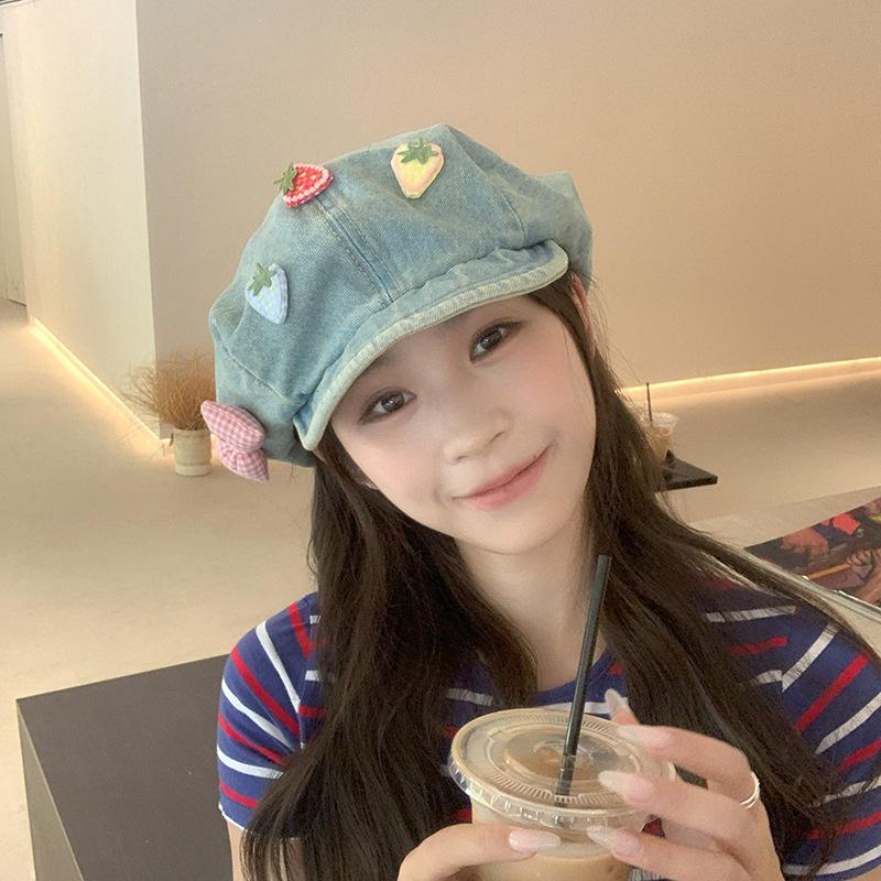Women's Summer Thin Niche Design Japanese Sweet Bow Strawberry Star Anise Beret Face Small Cloud Painter Hat