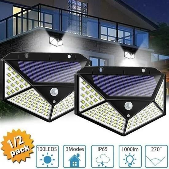Lampe solaire extérieur 100 LED avec détecteur de mouvement - Noir