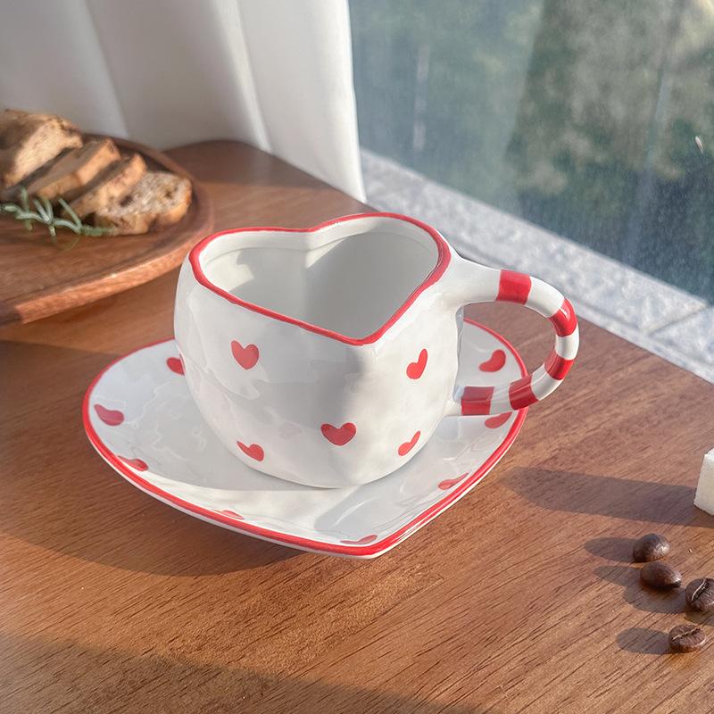 Korean Style Retro Love Ceramic Cups and Saucers, Hand-squeezed Irregular Heart-shaped Coffee Cups and Saucers, Afternoon Tea Cups and Saucers