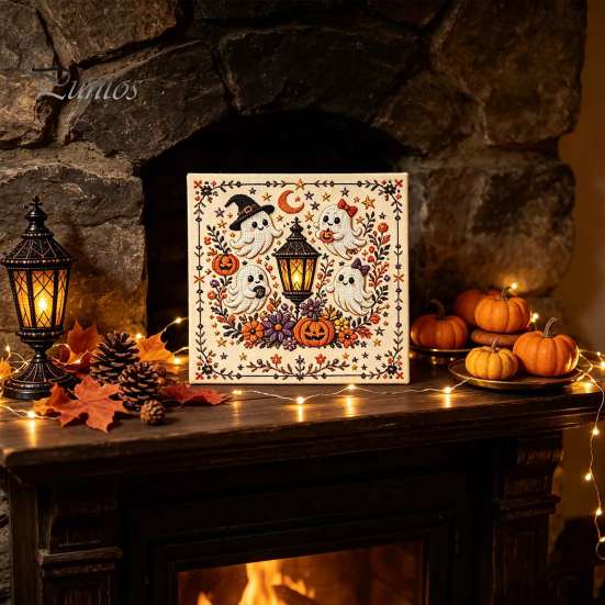 Kompletní balíček pro jehlovou práci Halloweenská výšivka, DIY sada stehů pro dospělé, Roztomilá čarodějnice, Světlý dýně, Duch, Černá kočka Vzor na stěnu