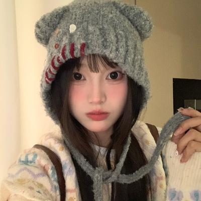 Cute Bear Hat for Women In Autumn and Winter Warm and Face Friendly Small Ear Protection Hat  Buttoned Beanie Plush and Fluffy