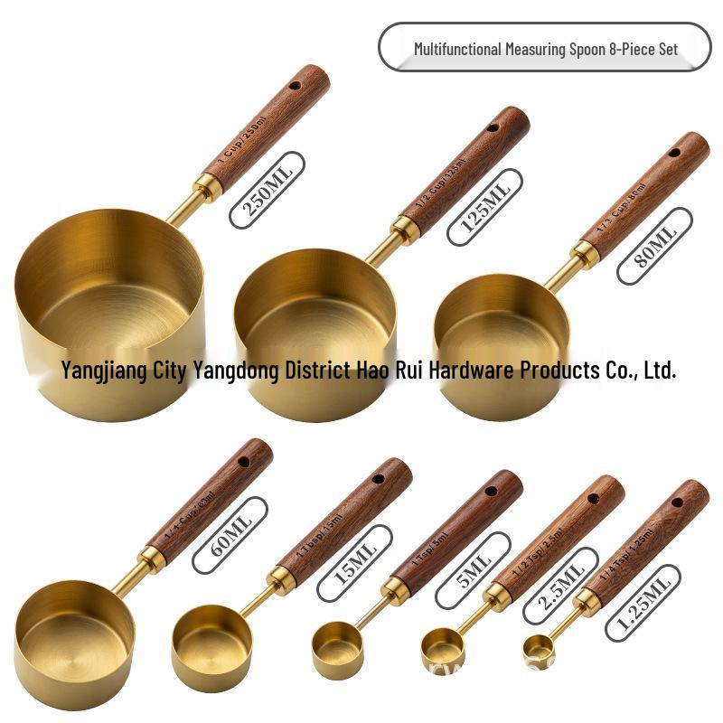 8-Piece Stainless Steel Measuring Cup & Spoon Set with Wooden Handle for Coffee & Grams