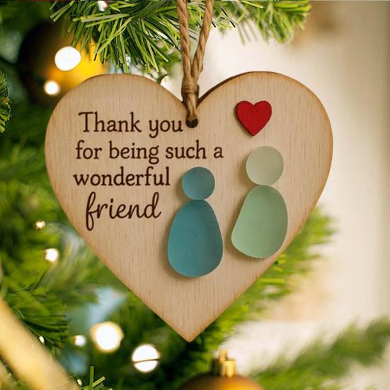 Pamiątka Przyjaźni Serce Drewniany Wisiorek w Kształcie Serca Ręcznie Robiona Sztuka ze Szkła Morskiego Dekoracja do Zawieszenia z Ciepłą Wiadomością Prezent dla Przyjaciół