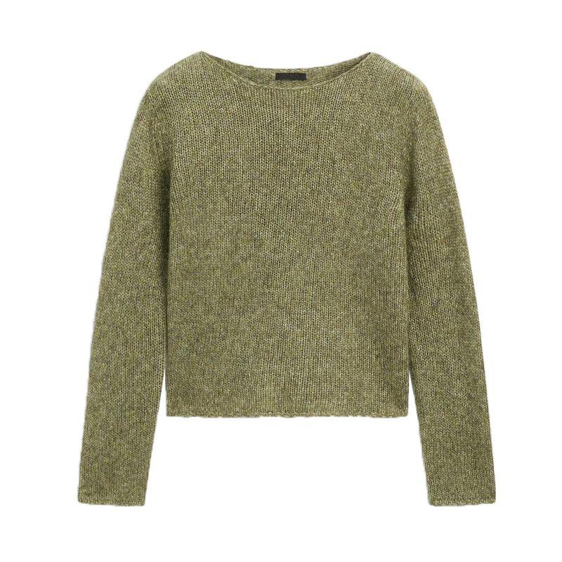 MD Women's Spring Clothing Casual Laid-Back Style Green Soft Glutinous Short Round Neck Sweater Long Sleeve Knitwear 5604633