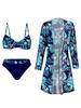 TS JYL-BK043 Mesh Cover Three-Piece Bikini, Plus Size Print Sexy Swimwear For Beach