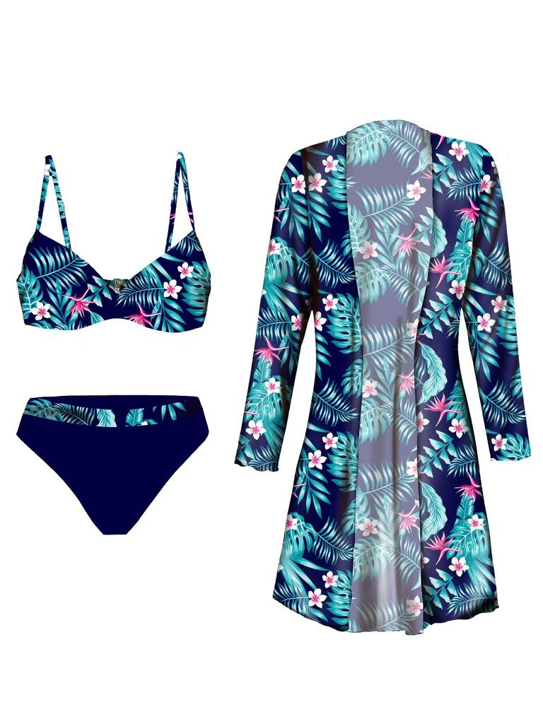 TS JYL-BK043 Mesh Cover Three-Piece Bikini, Plus Size Print Sexy Swimwear For Beach