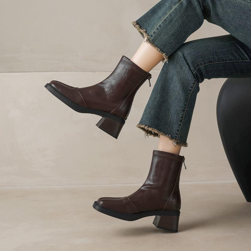 High-heeled Short Boots for Women in Autumn and Winter: Thick-heeled Short-toed Square-toed Shoes with Fleece Boots