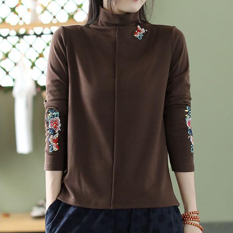 

Теплая облегающая рубашка с вышивкой в этническом стиле и полуводолазкой для женщин на осень и зиму 2025 г. 4XL кофейный