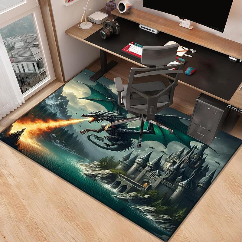 Majestic Dragon Castle Rug for Fantasy Fans | Detailed Medieval Landscape Carpet with Gothic Architecture Skid resistant carpet