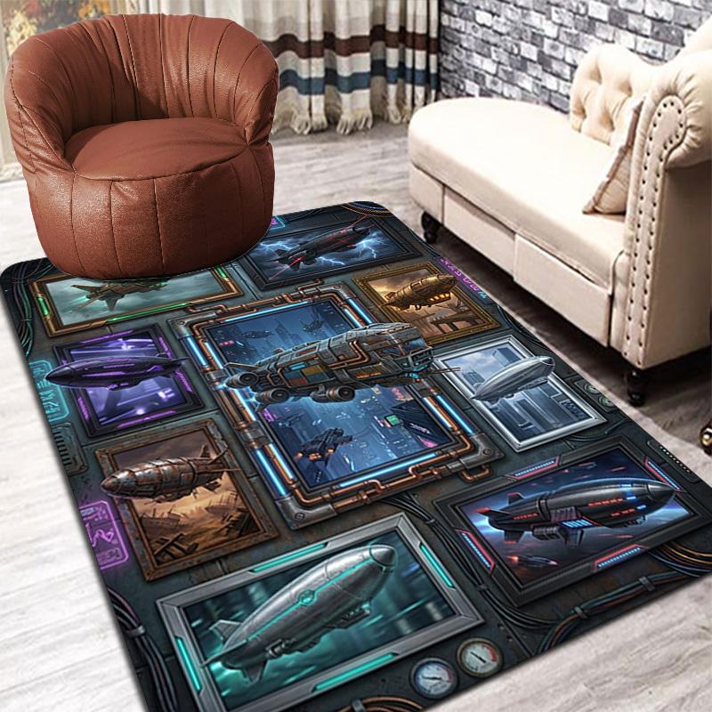 Steampunk Airship Gallery Pattern Rug Floor Mat for Living Room or Bedroom Soft and Comfortable Carpet a Gift for Birthday and Holiday.