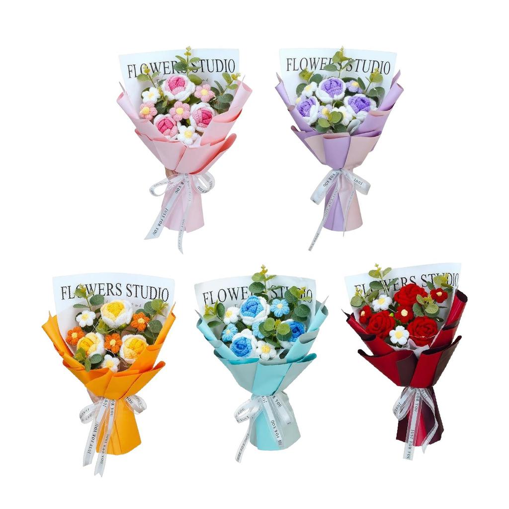 Crochet Flower Bouquet Yarn Material Knitted Floral Ornament Artificial Flowers Wreath Centerpiece for Women Anniversary Decor