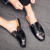 Large Size Flowers Leather Half Shoes for Men Black Mules Backless Loafers Slippers Semi-Drag Casual Shoes Slides Slip On Flats