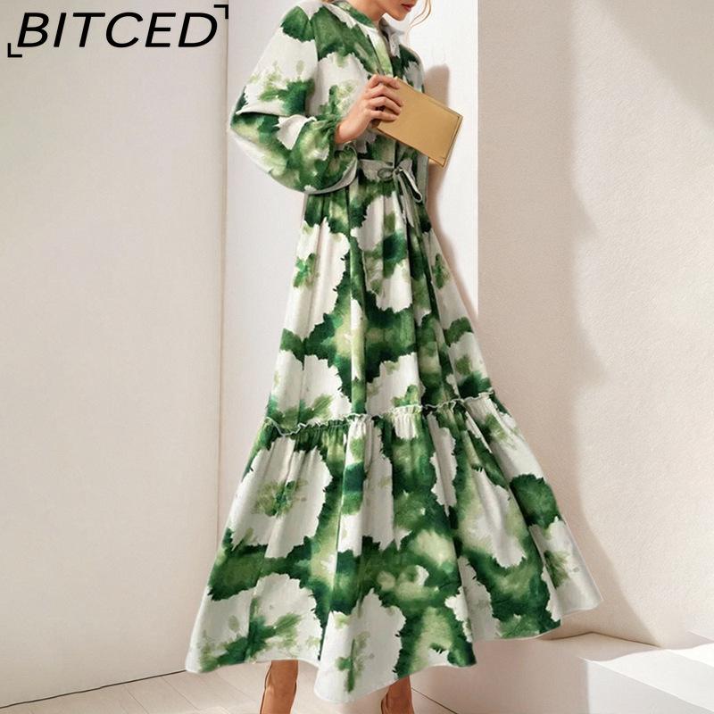 

BITCED Spring Women s Printed Lantern Sleeve Fitted Long-Sleeve Full-Skirt Dress XXXL зелёный