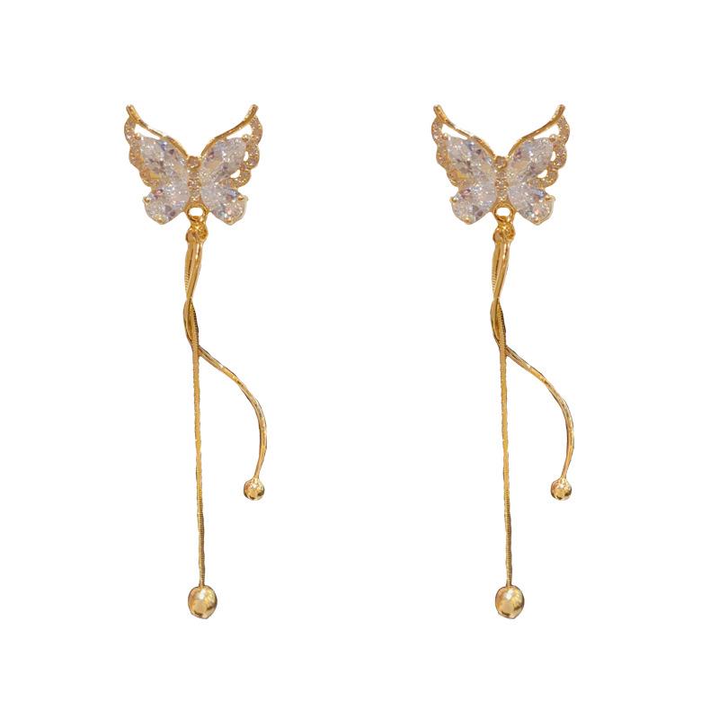 

Elegant silver needle butterfly earrings with sparkling zircon and long tassels.