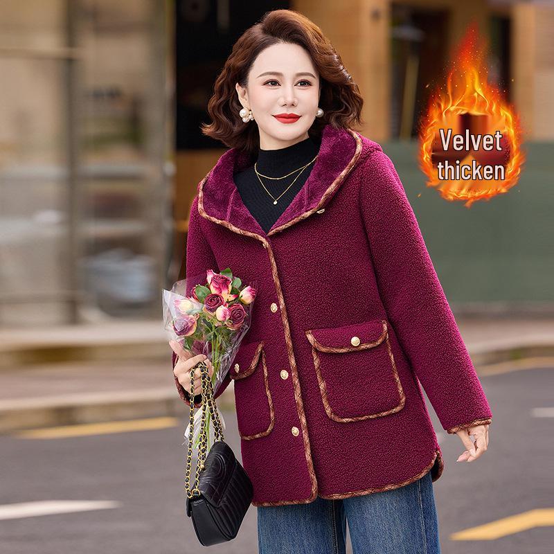 

Mom s Cozy Cotton Hooded Jacket for Mature and Elderly Women - Plus Velvet Thickened Warm Granule Design 4XL (for 135-145 lbs)